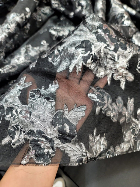 Black Organza Brocade Silver Floral Fabric
