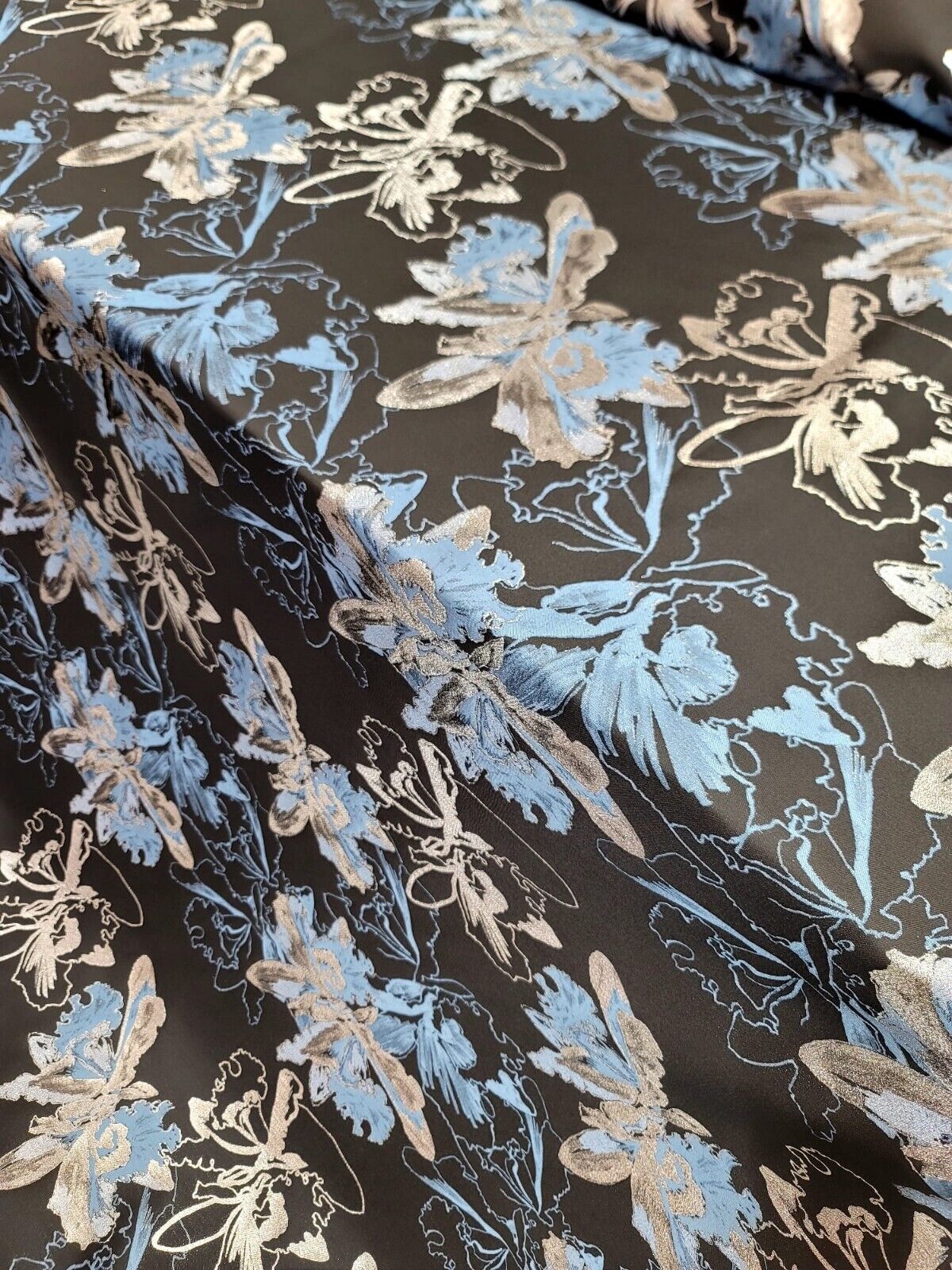 Brocade Jacquard Metallic Silver Blue Floral Black