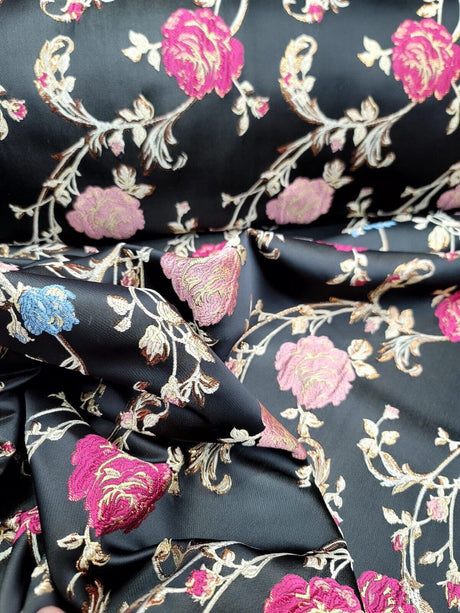 Brocade Jacquard Fabric Black Floral Pink Gold Blue