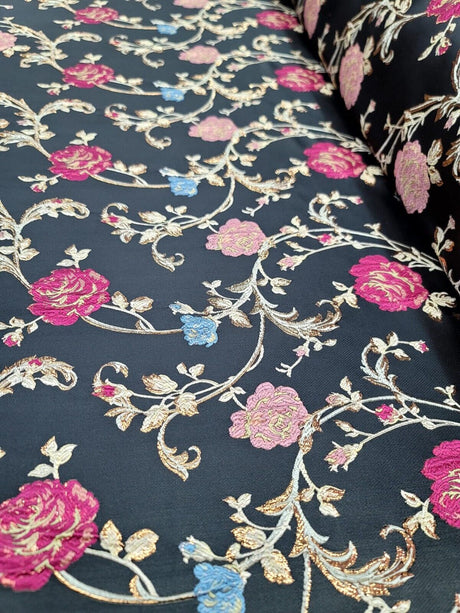 Brocade Jacquard Fabric Black Floral Pink Gold Blue