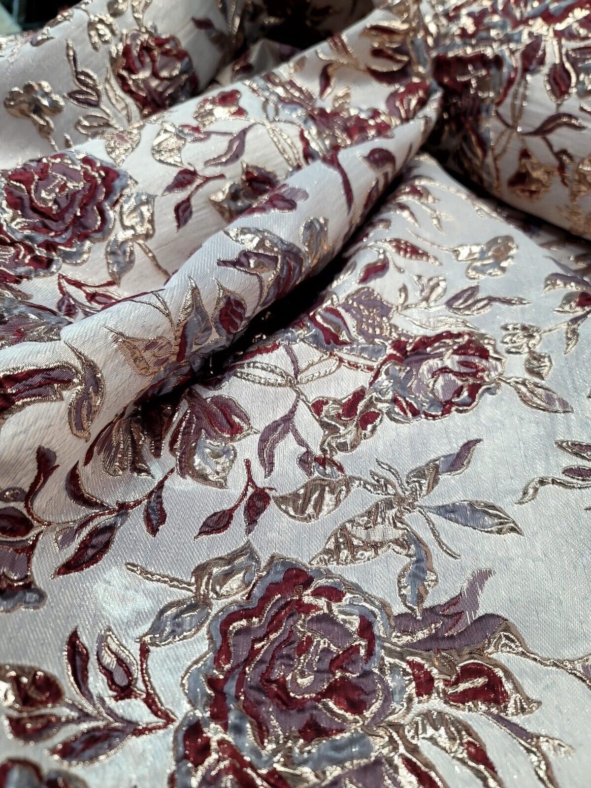 Burgundy Metallic Brocade Floral Fabric