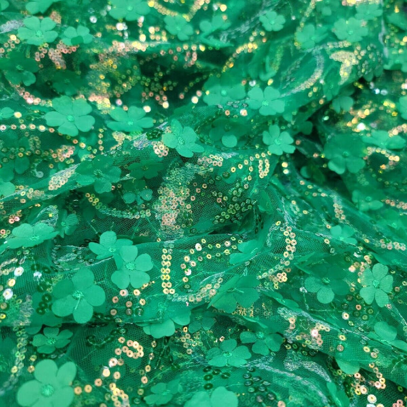 3D Floral Sequin Fabric Emerald Green