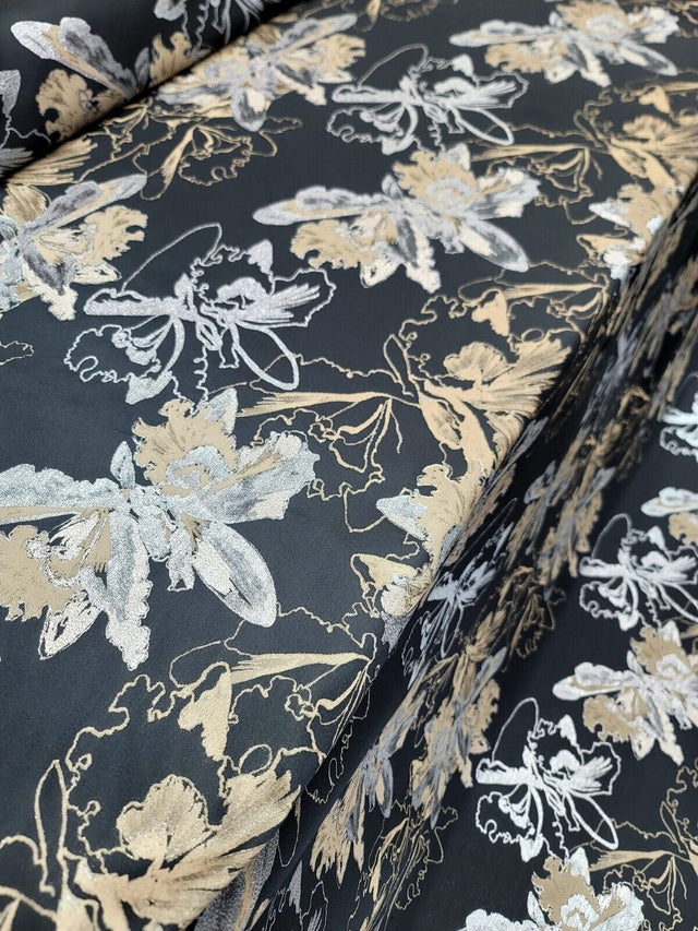 Brocade Jacquard Floral Fabric Gold Silver Black