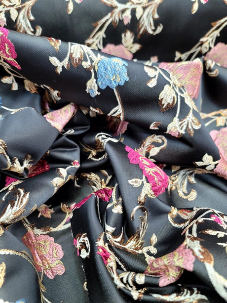 Brocade Jacquard Fabric Black Floral Pink Gold Blue