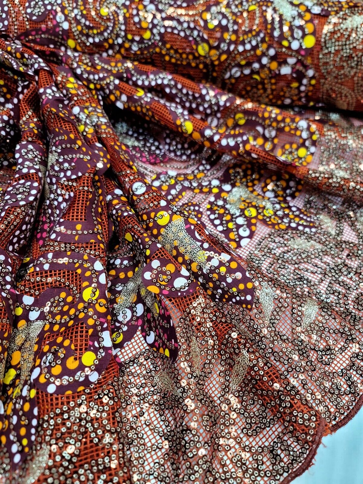 Maroon Sequins Embroidery Fish Net Lace