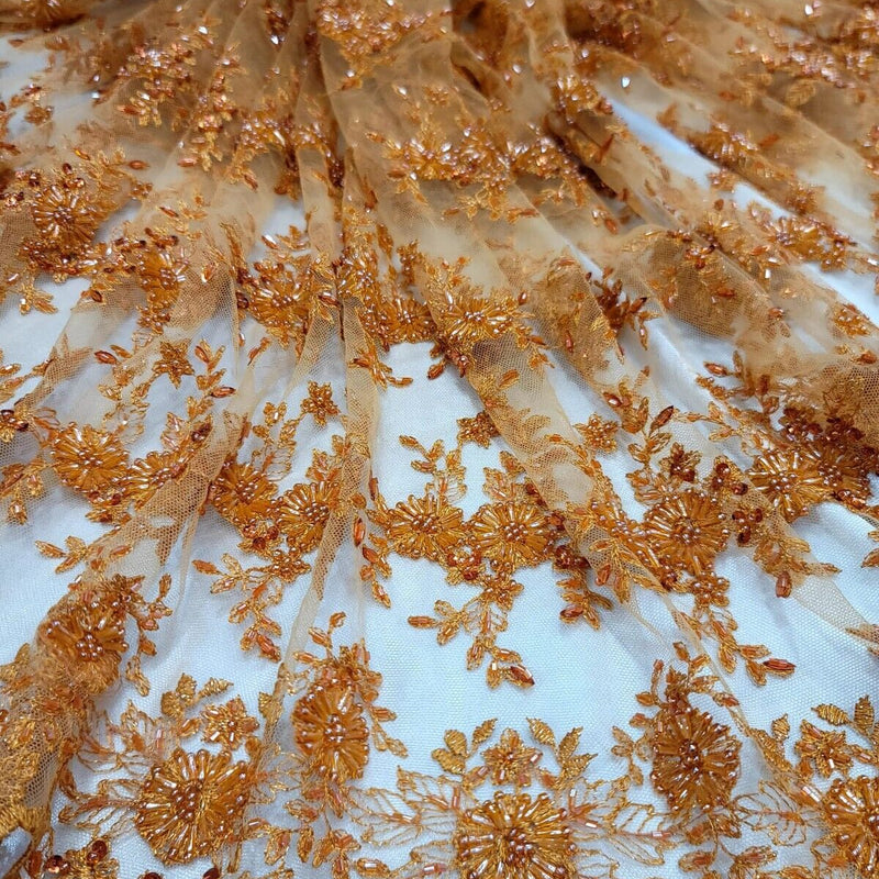 Orange Embroidery Lace Beaded Floral Fabric