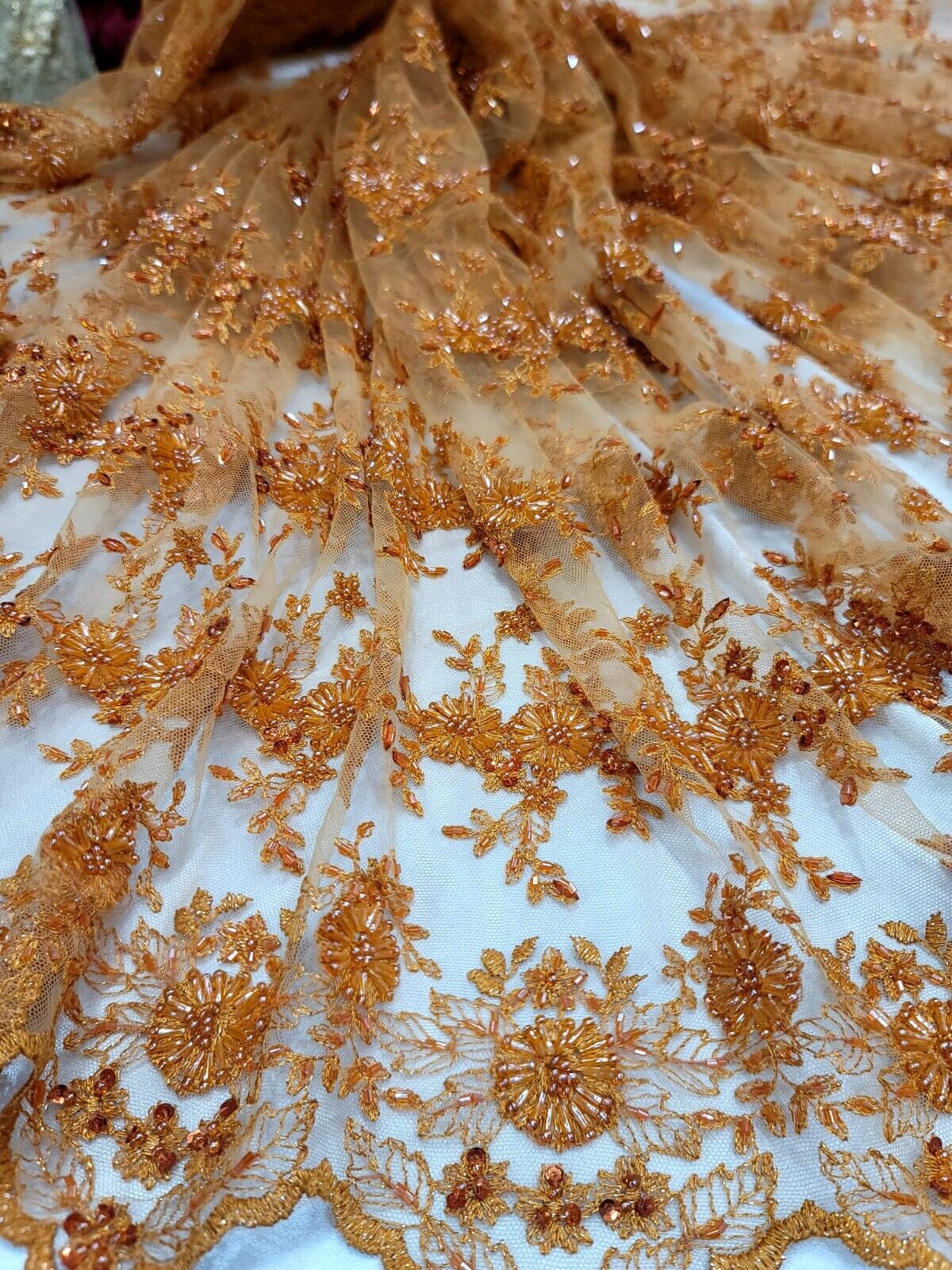 Orange Embroidery Lace Beaded Floral Fabric