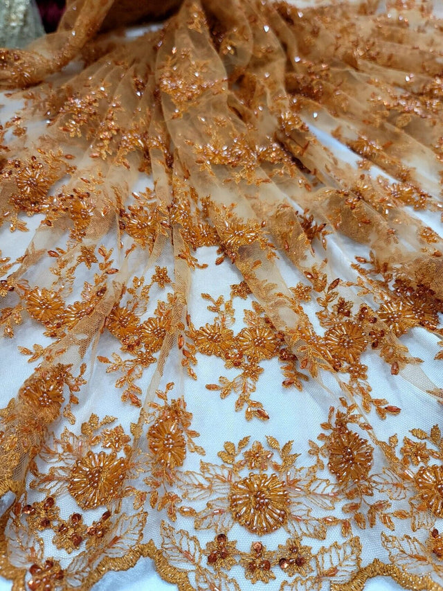 Orange Embroidery Lace Beaded Floral Fabric