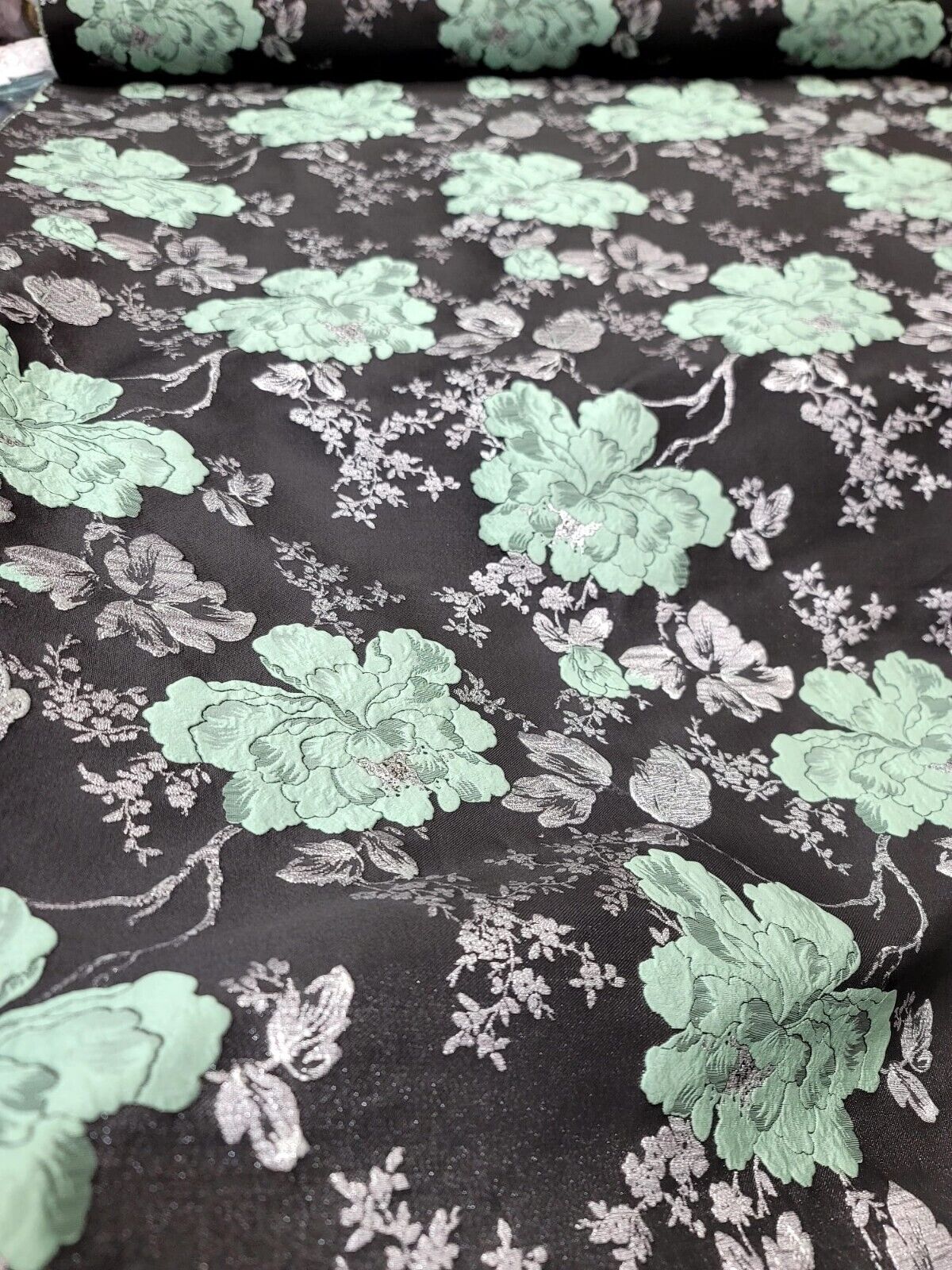 Brocade Jacquard Floral Fabric Sage Green Silver Black