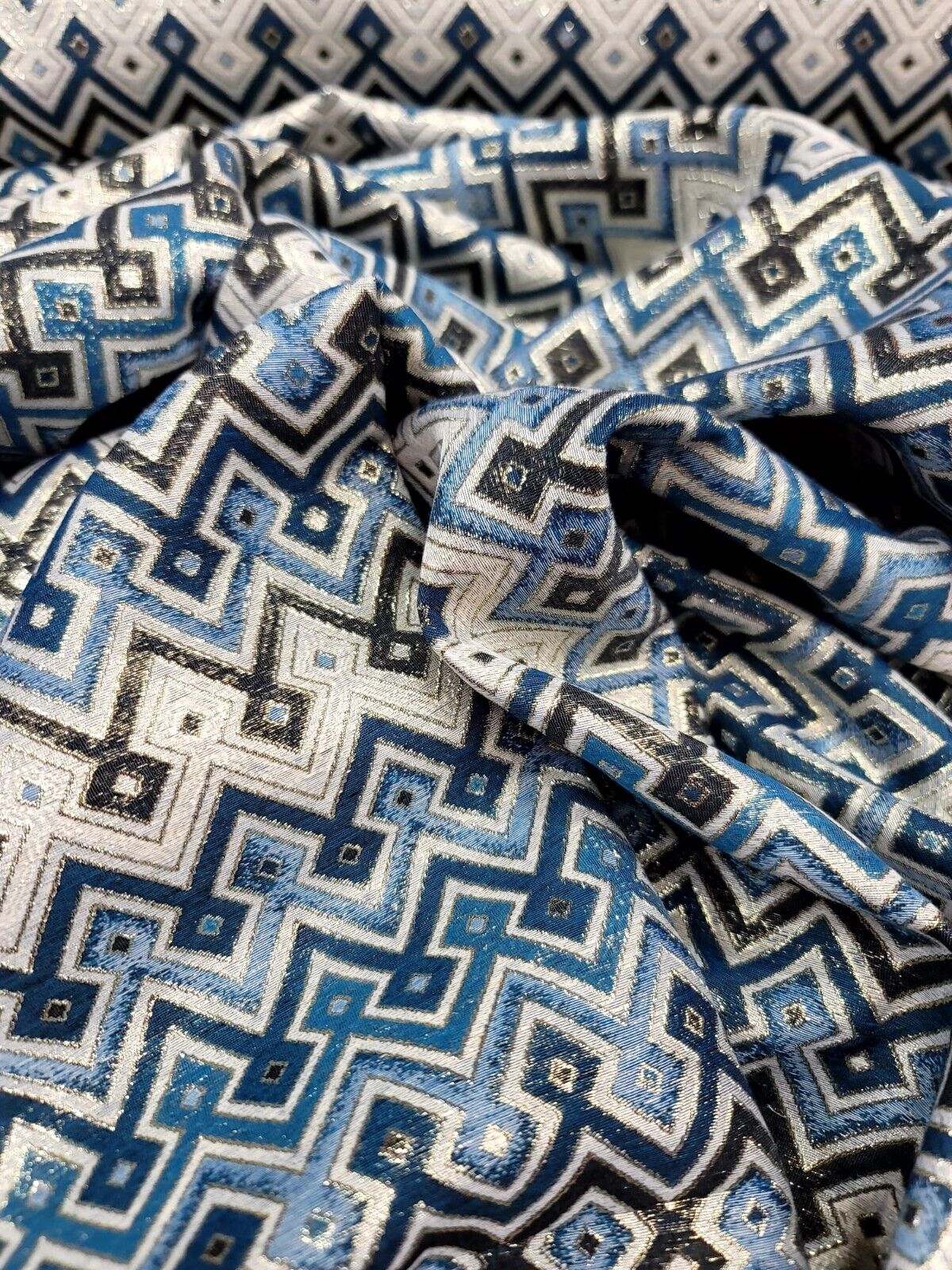 Brocade Jacquard Teal Metallic Geometric Fabric