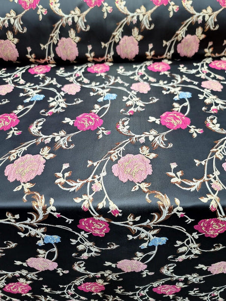 Brocade Jacquard Fabric Black Floral Pink Gold Blue