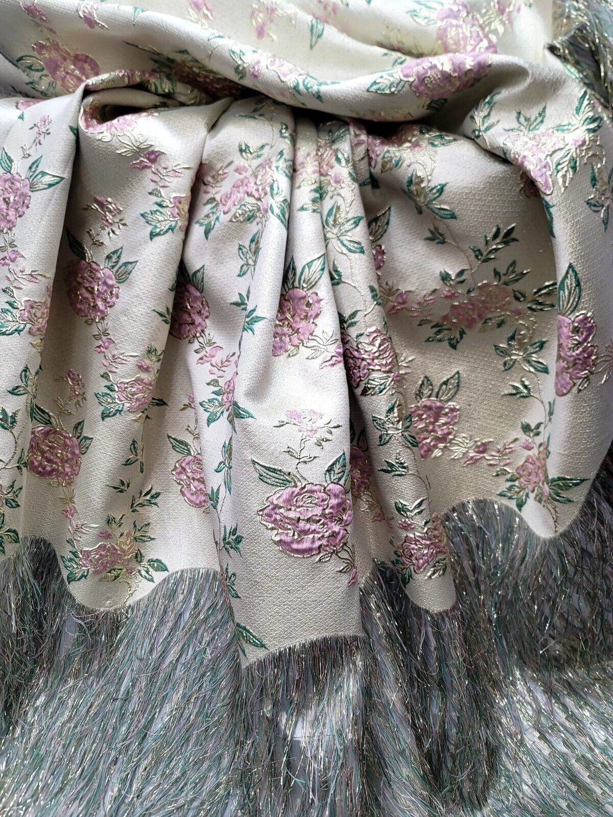 Brocade Jacquard Metallic Eyelash Fabric Sage Pink Gold