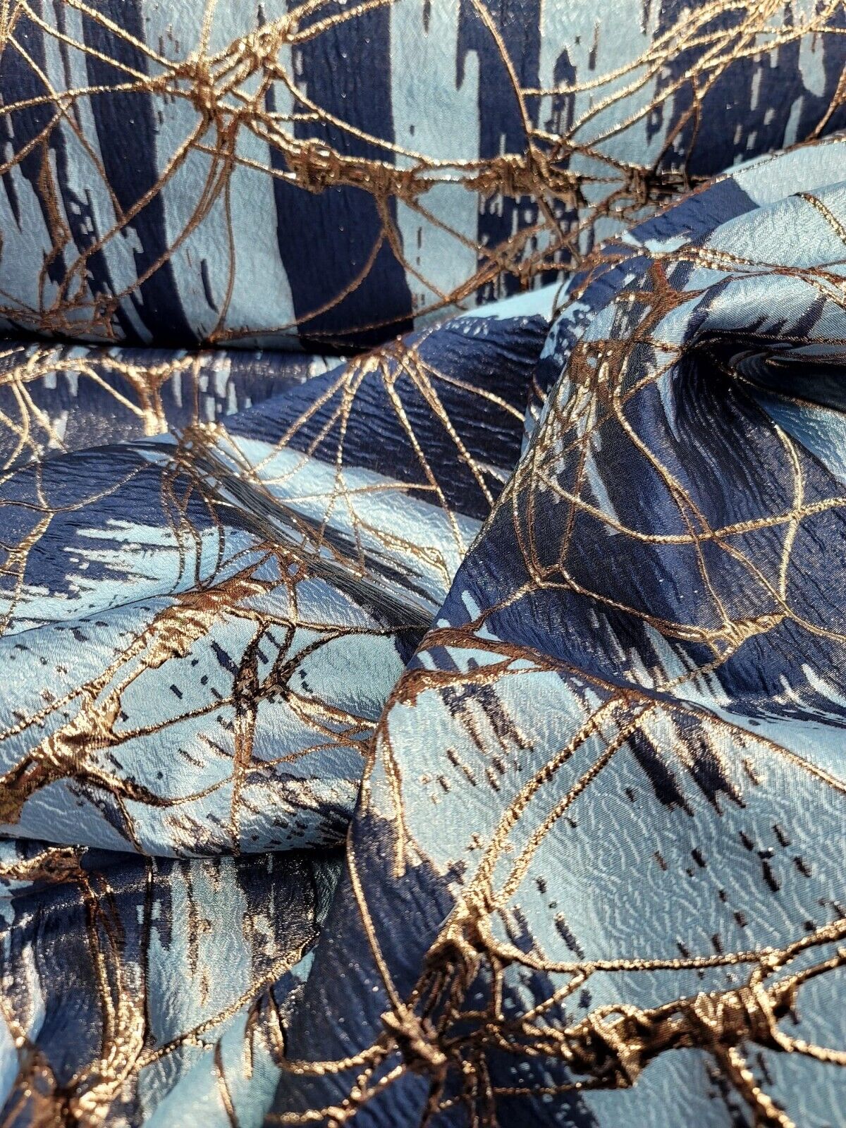 Brocade Jacquard Metallic Navy Blue Sky Blue Gold