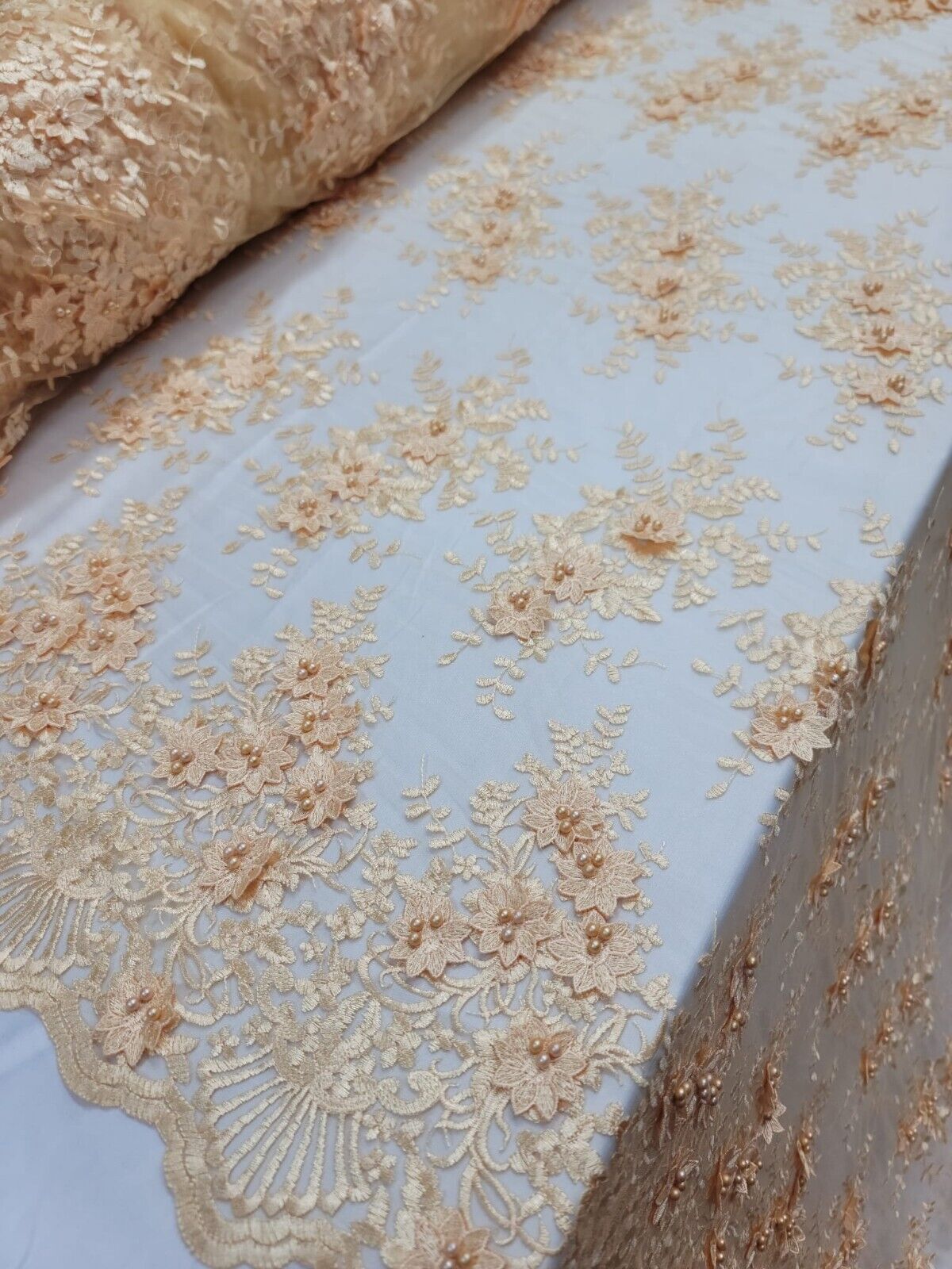 Beaded 3D Floral Lace Pale Yellow