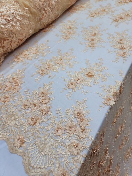 Beaded 3D Floral Lace Pale Yellow