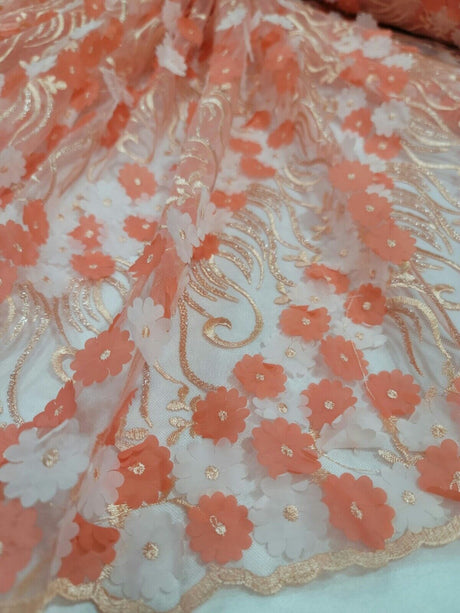 3D Floral Lace Coral Embroidery Sequin Fabric