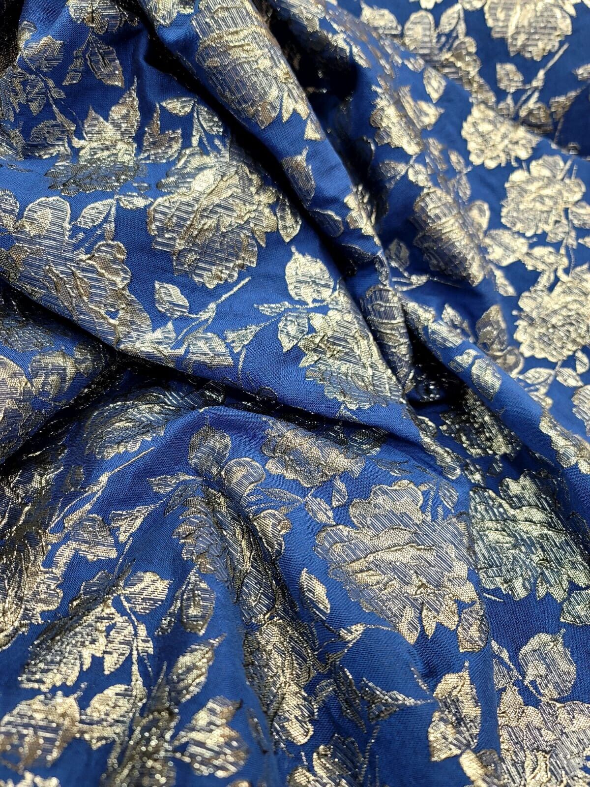 Royal Blue Brocade Fabric Metallic Silver Floral Emboss