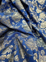 Royal Blue Brocade Fabric Metallic Silver Floral Emboss
