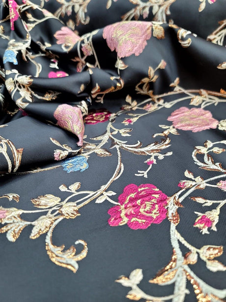 Brocade Jacquard Fabric Black Floral Pink Gold Blue