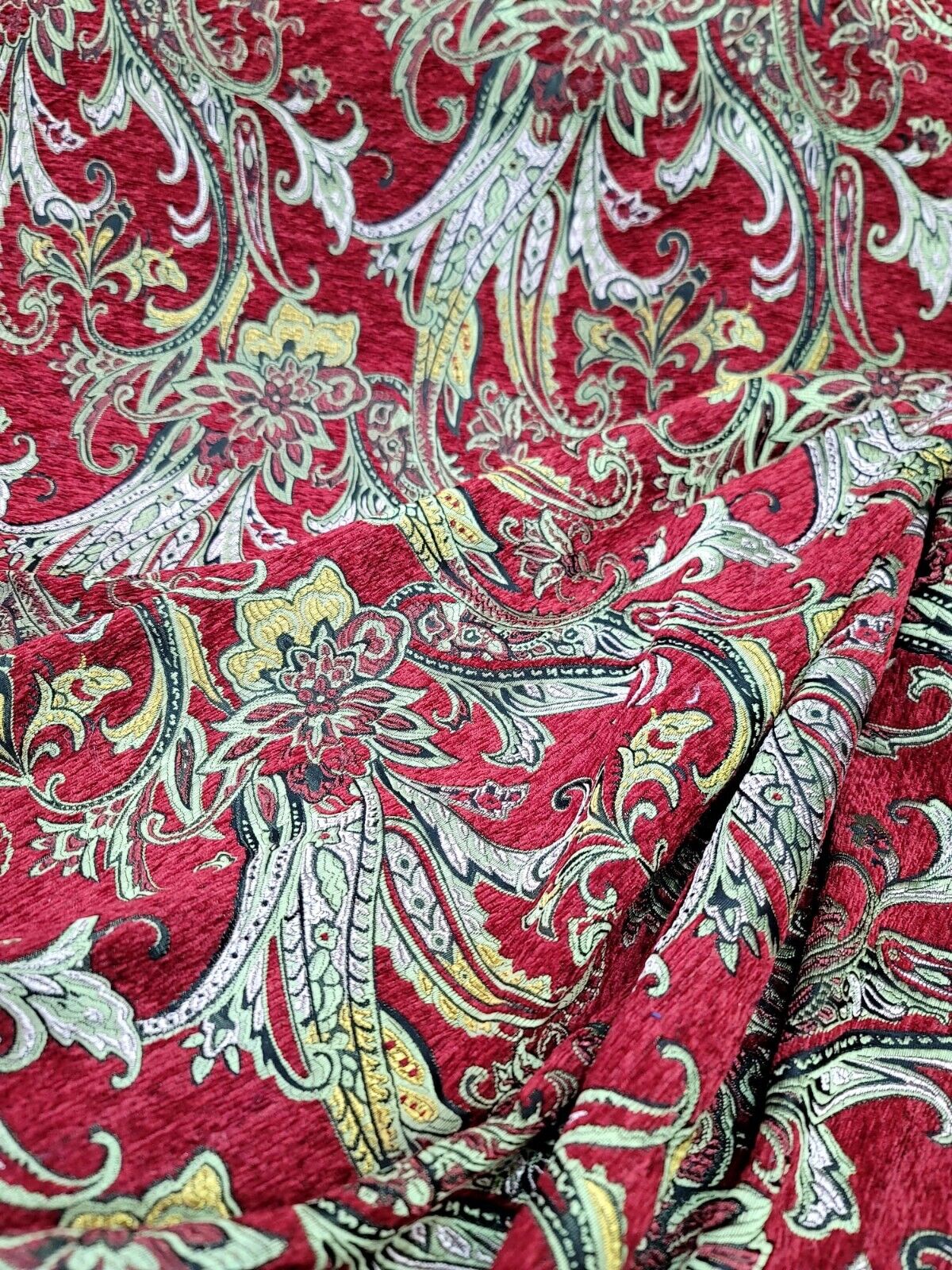 Red Gold Floral Damask Brocade Fabric