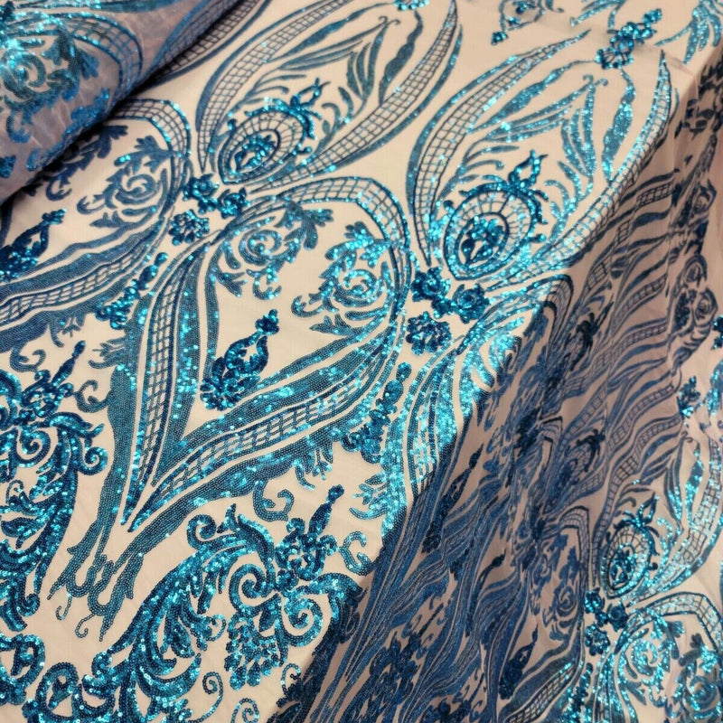 Royal Blue Sequin Lace Fabric