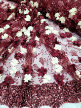 3D Floral Lace Burgundy Ivory Embroidered Mesh Fabric