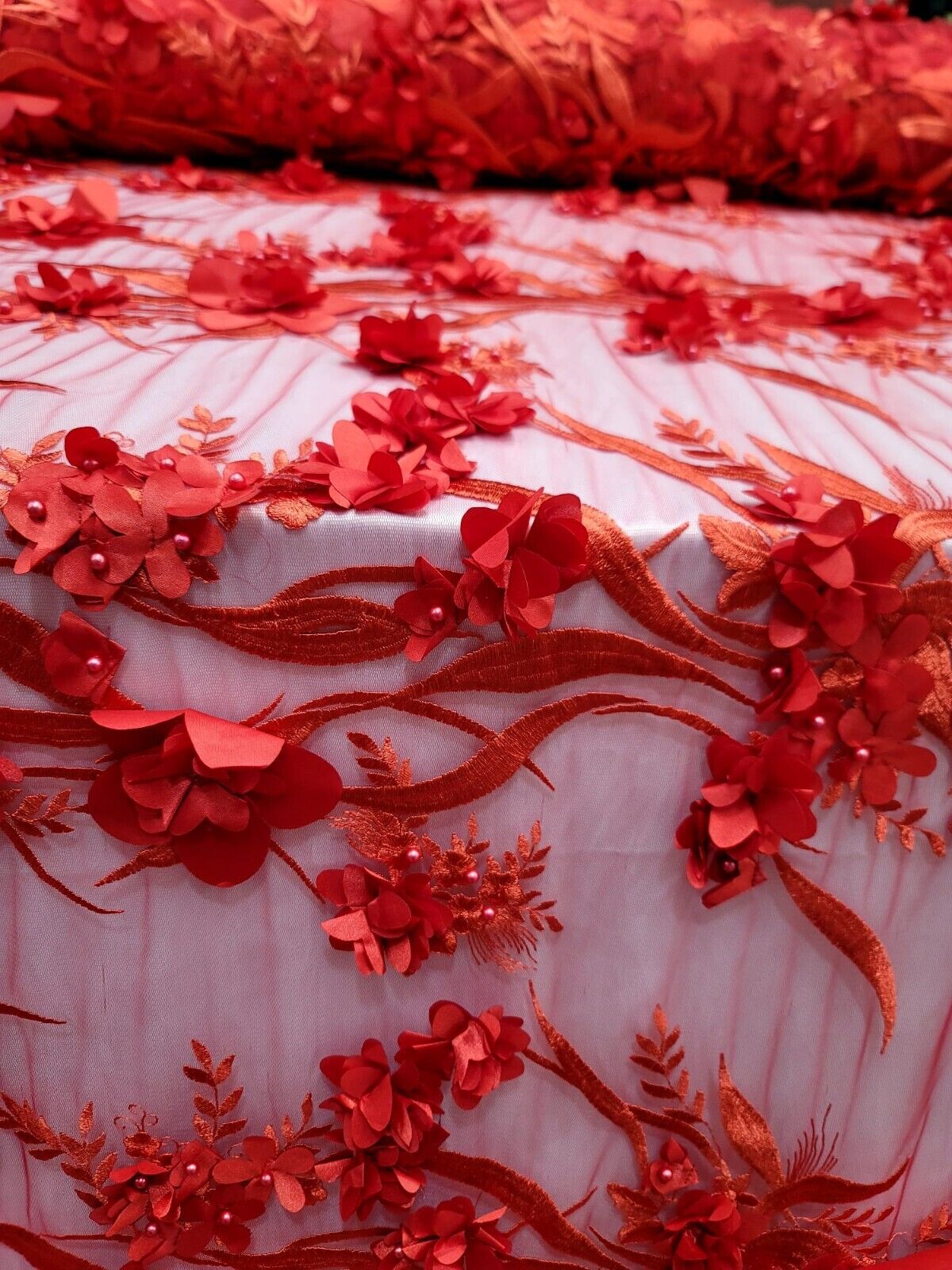 Red 3D Floral Embroidered Pearl Mesh Lace