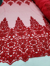 Beaded Embroidered Lace Fabric Red