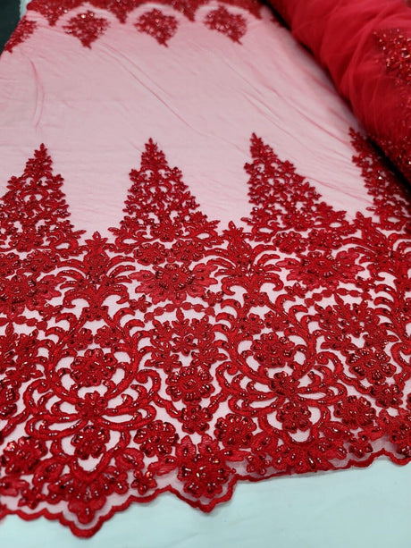 Beaded Embroidered Lace Fabric Red