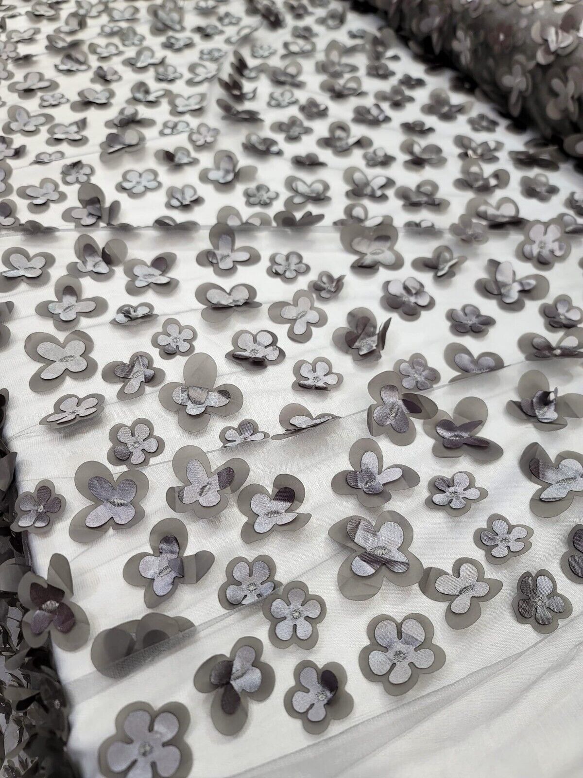3D Floral Lace Gray Butterfly Fabric