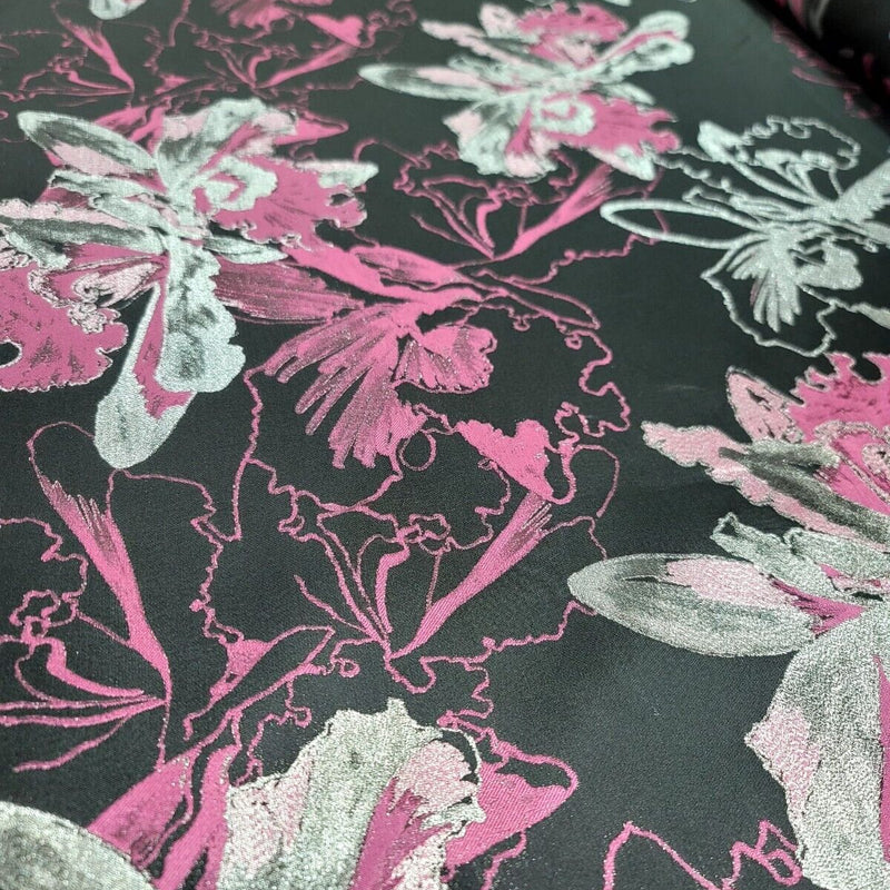 Brocade Jacquard Floral Fabric Pink Fuchsia Silver Black