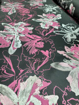 Brocade Jacquard Floral Fabric Pink Fuchsia Silver Black