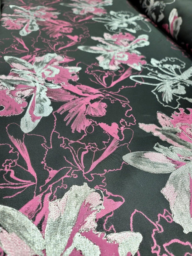 Brocade Jacquard Floral Fabric Pink Fuchsia Silver Black