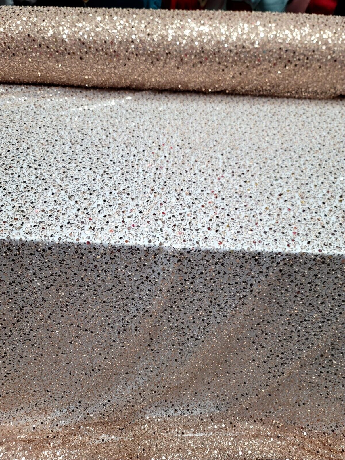 Rose Gold Sequins Beaded Embroidered Stretch Lace Fabric