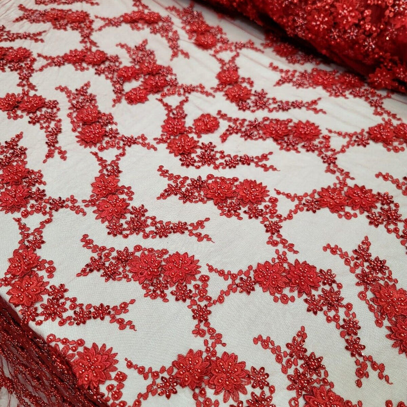 3D Floral Beaded Lace Red