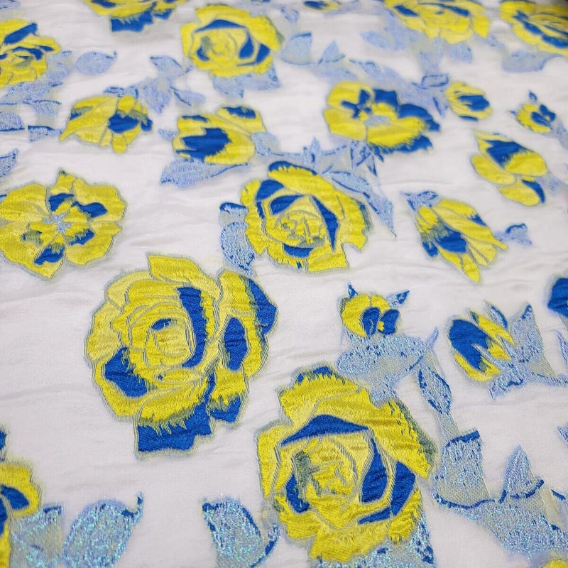 Brocade Jacquard Organza Fabric Yellow Royal Blue Floral