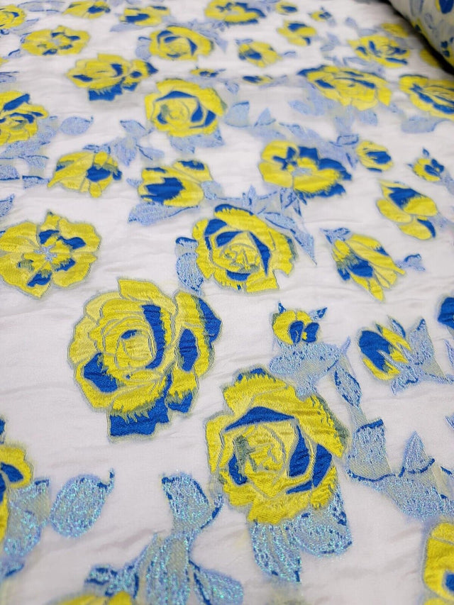 Brocade Jacquard Organza Fabric Yellow Royal Blue Floral