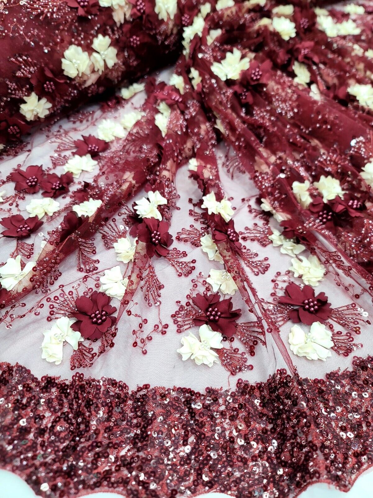3D Floral Lace Burgundy Ivory Embroidered Mesh Fabric