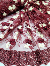 3D Floral Lace Burgundy Ivory Embroidered Mesh Fabric