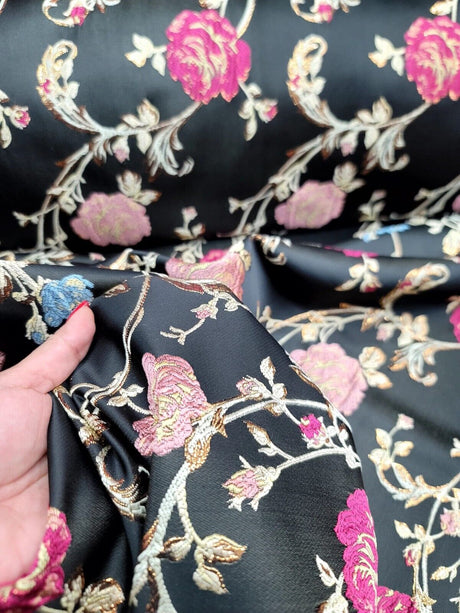 Brocade Jacquard Fabric Black Floral Pink Gold Blue