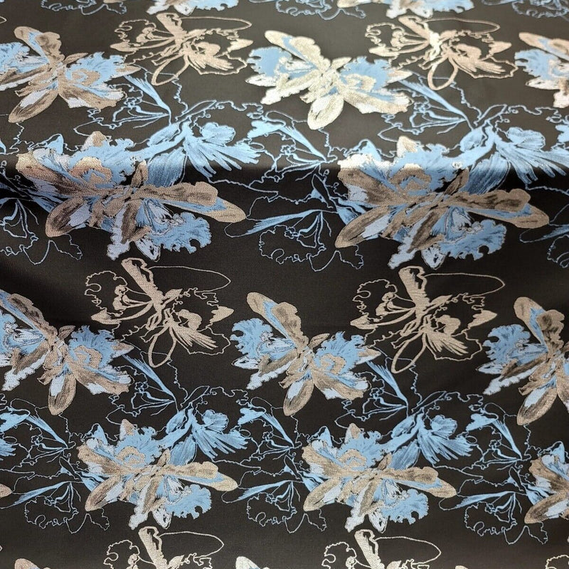 Brocade Jacquard Metallic Silver Blue Floral Black