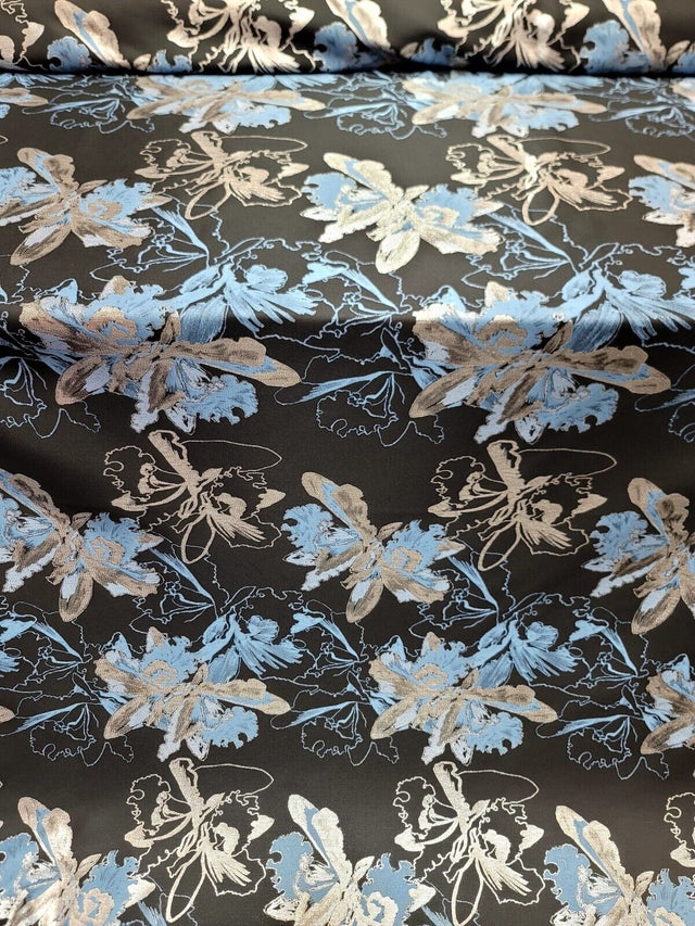 Brocade Jacquard Metallic Silver Blue Floral Black