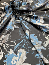 Brocade Jacquard Metallic Silver Blue Floral Black