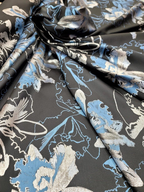 Brocade Jacquard Metallic Silver Blue Floral Black