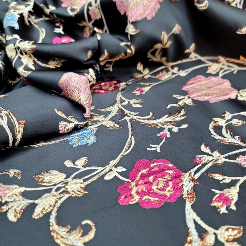 Brocade Jacquard Fabric Black Floral Pink Gold Blue