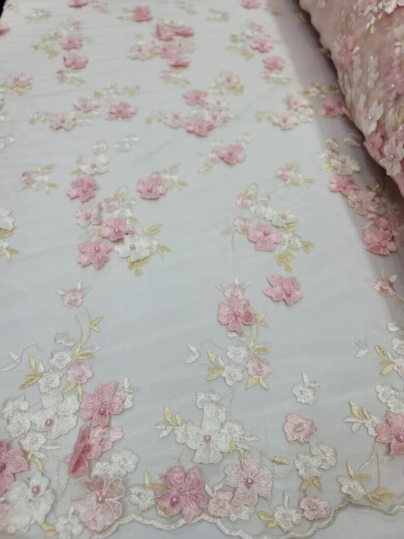 3D Floral Lace on Mesh Pink and Blush
