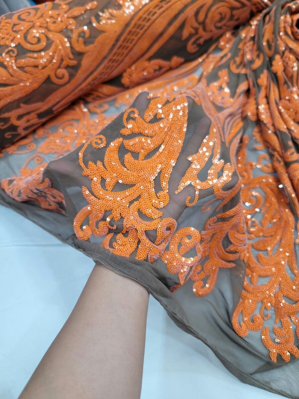 Orange Sequin Embroidered Lace Stretch Mesh Fabric