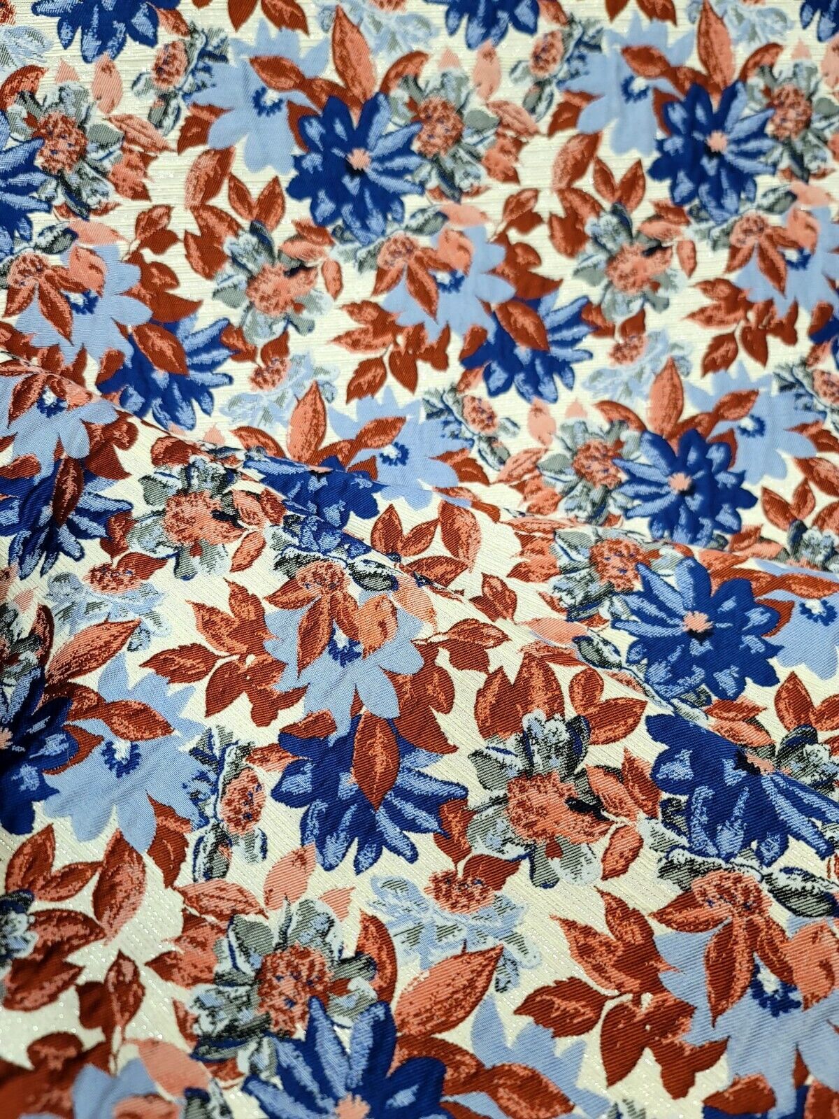 Brocade Jacquard Floral Chenille Fabric Blue Maroon Coral