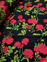 Embroidered Black Lace Fabric with Red and Green Flowers