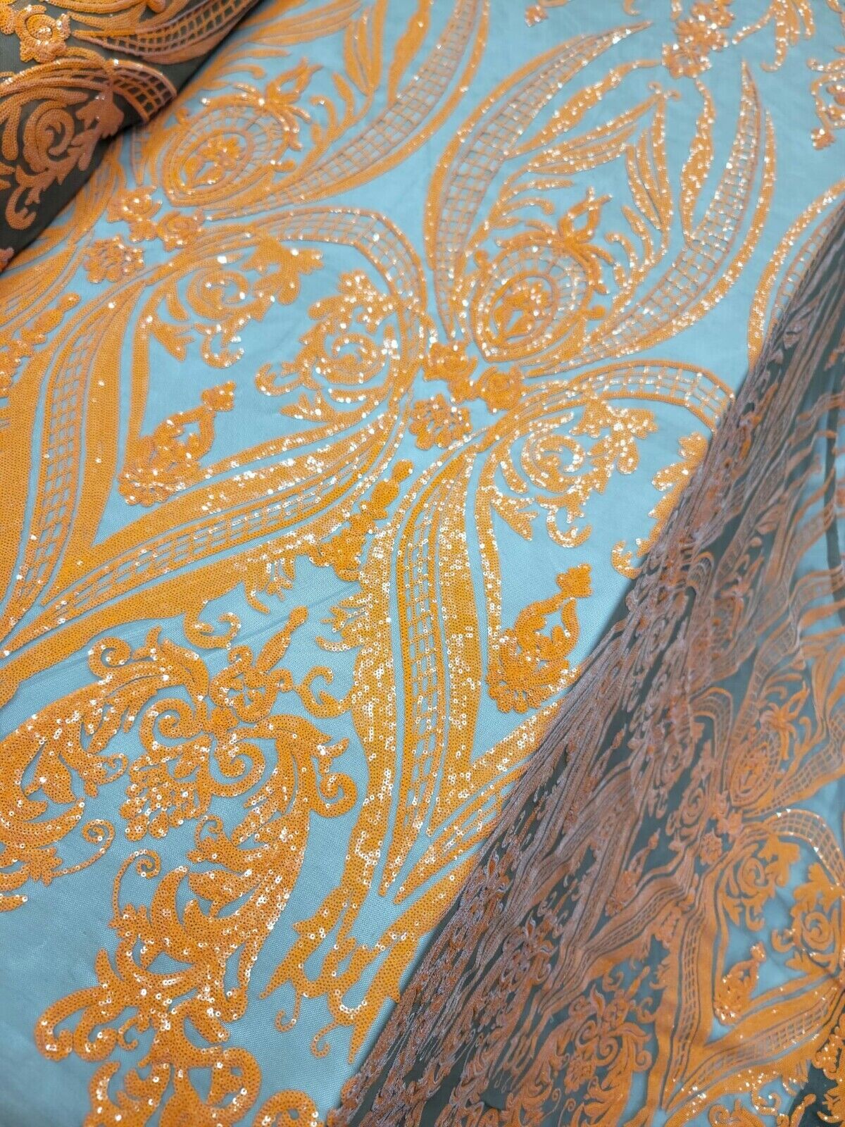 Orange Sequin Embroidered Lace Stretch Mesh Fabric